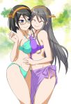  2girls ^_^ alternate_costume bare_shoulders bikini black_hair blush breast_press breasts cheek-to-cheek closed_eyes cowboy_shot facing_viewer from_side glasses green-framed_eyewear green_bikini grey_hair hair_between_eyes hair_ornament hairclip haruna_(kantai_collection) headgear highres kantai_collection kirishima_(kantai_collection) large_breasts long_hair looking_at_another midriff multiple_girls purple_bikini purple_eyes remodel_(kantai_collection) short_hair swimsuit symmetrical_docking wavy_mouth yuugo_(atmosphere) 