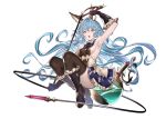  1girl absurdres animal_ears arm_up armpits backless_dress backless_outfit bangs black_footwear black_gloves black_legwear blue_hair blue_skirt boots breasts bunny_ears dress elbow_gloves erune ferry_(granblue_fantasy) flask frilled_gloves frills gloves granblue_fantasy hair_between_eyes highres holding_whip jikatarou knee_boots long_hair looking_at_viewer medium_breasts open_mouth round-bottom_flask sideboob simple_background skirt solo thighhighs thighhighs_under_boots very_long_hair wavy_hair whip white_background yellow_eyes 