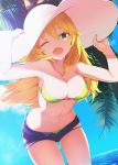  1girl ;d absurdres arms_up bikini bikini_under_clothes blonde_hair blue_sky breasts cleavage collarbone commentary_request day eyebrows_visible_through_hair fk green_bikini green_eyes hands_on_headwear hat highres hoshii_miki idolmaster leaning_forward long_hair medium_breasts navel one_eye_closed open_mouth outdoors palm_tree short_shorts shorts sky smile solo standing sun_hat swimsuit tree wading water white_headwear wind 