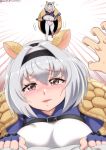  1girl absurdres allgreen armadillo_ears blush bodysuit breasts chest_strap crying eyebrows_visible_through_hair hair_intakes hairband highres korean_commentary large_breasts last_origin looking_at_viewer navel_cutout pov saetti short_hair silver_hair tears 