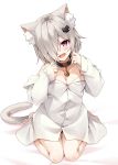  1girl :d absurdres animal_ear_fluff animal_ears bangs bare_shoulders barefoot bed_sheet bell black_collar blush breasts cat_ears cat_girl cat_hair_ornament cat_tail cleavage collar collarbone collared_shirt commentary_request dress_shirt eyebrows_visible_through_hair fangs grey_hair hair_ornament hair_over_one_eye hands_up hasumi_(hasubatake39) head_tilt highres jingle_bell long_sleeves looking_at_viewer medium_breasts naked_shirt off_shoulder open_mouth original red_eyes shirt sitting sleeves_past_wrists smile solo tail wariza white_background white_shirt 