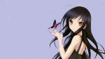  1girl accel_world back black_dress black_hair blue_background brown_eyes bug butterfly closed_mouth dress from_side hands_up highres insect kuroyukihime long_hair looking_at_viewer open_hands pink_butterfly skinny smile solo user_hvws5422 