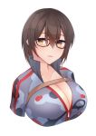  1girl absurdres breasts brown_eyes brown_hair camouflage camouflage_jacket cleavage facing_viewer glasses highres hololive large_breasts misui_md open_mouth roboco-san roboco_ch. short_hair solo unzipped white_background zipper 