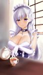  1girl absurdres apron azur_lane belfast_(azur_lane) blue_eyes blush breasts choker cleavage collarbone gloves hair_ornament highres holaa large_breasts long_hair looking_down maid maid_apron maid_dress maid_headdress nib_pen_(medium) silver_hair simple_background smile solo tea traditional_media white_gloves 