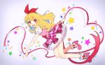  1girl aikatsu!_(series) blonde_hair blush bracelet dress hair_ribbon heart highres hoshimiya_ichigo jewelry long_hair looking_at_viewer ogura_(sao_no) open_mouth pink_dress pink_footwear red_eyes ribbon shoes smile solo star 