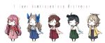  5girls :d ahoge anchor asakaze_(kantai_collection) bangs black_hair black_hakama blonde_hair blue_bow blue_hakama blush_stickers boots bow brown_footwear brown_hair chibi commentary_request cross-laced_footwear drill_hair english_text eyebrows_visible_through_hair full_body green_hakama hair_between_eyes hair_bow hair_ornament hair_ribbon hakama hakama_skirt harukaze_(kantai_collection) hat hatakaze_(kantai_collection) highres japanese_clothes kamikaze_(kantai_collection) kantai_collection kimono knee_boots lace-up_boots light_brown_hair long_hair long_sleeves looking_at_viewer matsukaze_(kantai_collection) meiji_schoolgirl_uniform mini_hat mini_top_hat multiple_girls open_mouth parted_bangs parted_lips pink_hair pink_hakama pink_kimono ponytail red_bow red_hakama red_kimono red_ribbon ribbon short_hair sidelocks simple_background sleeves_rolled_up smile standing swept_bangs tamaki. tasuki top_hat twin_drills upper_teeth wavy_hair white_background white_kimono wide_sleeves yellow_bow yellow_kimono 