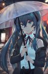  1girl aqua_eyes aqua_hair bangs black_bow bow building dog eyebrows_visible_through_hair hair_between_eyes hatsune_miku holding holding_umbrella long_hair night outdoors pleated_skirt rain ribbon skirt solo twintails umbrella unsomnus very_long_hair vocaloid 