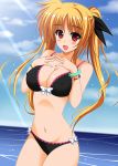  1girl beach bikini black_bikini blonde_hair blue_sky bracelet breasts cleavage cloud commentary_request covered_nipples cowboy_shot day fate_testarossa highres horizon jewelry large_breasts light_rays long_hair looking_at_viewer lyrical_nanoha mahou_shoujo_lyrical_nanoha_strikers ocean oda_ken&#039;ichi outdoors red_eyes sky smile solo sunbeam sunlight swimsuit twintails water 