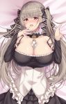  1girl absurdres amagi_korona azur_lane bare_shoulders between_breasts black_dress blush breasts cleavage dress eyebrows_visible_through_hair formidable_(azur_lane) frilled_dress frills grey_hair hair_ribbon highres large_breasts long_hair long_sleeves looking_at_viewer lying on_back red_eyes ribbon solo twintails two-tone_dress two-tone_ribbon very_long_hair 
