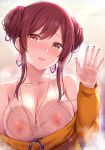  1girl against_glass bangs blush breast_press breasts breasts_on_glass brown_hair cai_geng cleavage covered_nipples double_bun earrings hand_on_glass heavy_breathing idolmaster idolmaster_shiny_colors jewelry large_breasts looking_at_viewer nail_polish necklace nipples oosaki_amana open_mouth short_hair sidelocks solo strap_slip tank_top yellow_eyes 