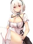  1girl absurdres azur_lane breasts choker cleavage collarbone cuffs hairband highres holaa large_breasts looking_at_viewer maid maid_dress maid_headdress nib_pen_(medium) red_eyes shackles short_hair silver_hair sirius_(azur_lane) solo thighhighs tight traditional_media white_background white_legwear 