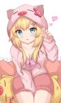  1girl absurdres akai_haato blonde_hair breasts cleavage green_eyes haaton_(haato_channel) hair_ornament hairclip highres hololive hood hoodie kanti15 simple_background sitting solo virtual_youtuber 