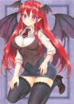  1girl :o ascot bangs black_footwear black_legwear black_panties black_skirt black_vest blush breasts commentary_request demon_tail demon_wings eyebrows_visible_through_hair hair_between_eyes head_wings high_heels highres koakuma large_breasts long_hair long_sleeves looking_at_viewer miniskirt mugicha_(mugicha0929) outside_border panties parted_lips pencil_skirt pointy_ears purple_background red_eyes red_hair red_neckwear seiza shirt sidelocks sitting skirt solo tail thighhighs thighs touhou traditional_media underwear very_long_hair vest white_shirt wings zettai_ryouiki 