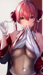  1girl absurdres bangs bare_shoulders breasts closed_mouth commentary_request covered_navel gloves hair_between_eyes hair_ribbon heterochromia highres hololive houshou_marine huge_filesize jacket looking_at_viewer medium_breasts medium_hair mugichapossible navel off_shoulder red_eyes red_hair red_ribbon ribbon shirt_lift smile solo stomach teeth_hold twintails underboob upper_body virtual_youtuber white_gloves yellow_eyes 