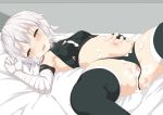  1girl after_sex after_vaginal arm_belt bandaged_arm bandages bangs bare_shoulders black_gloves black_legwear black_panties blush breasts crop_top cum cum_in_pussy cumdrip facial_scar fate/apocrypha fate_(series) fingerless_gloves gloves green_eyes hair_between_eyes highres ichio jack_the_ripper_(fate/apocrypha) lying navel on_back on_bed open_mouth panties panties_aside pussy scar scar_across_eye scar_on_cheek shoulder_tattoo single_glove small_breasts solo spread_legs tattoo thighhighs thighs underwear white_hair 
