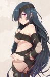  1girl ass bangs bare_shoulders black_hair black_ribbon blush breasts closed_mouth eyepatch fate/grand_order fate_(series) fishnets hair_over_one_eye highres long_hair looking_at_viewer looking_back medium_breasts mochizuki_chiyome_(fate/grand_order) purple_eyes ribbon smile snake_tattoo solo underboob unlock-creed very_long_hair 