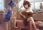  2girls acoustic_guitar adapted_costume barefoot bench black_hair blue_dress blue_hair breasts cirno cleavage clenched_hands closed_eyes commentary_request crossed_legs dress guitar halterneck hat head_tilt holding holding_pen ice ice_wings indoors instrument leg_up looking_to_the_side multiple_girls music neck_ribbon open_mouth pen pinafore_dress plant pointy_ears potted_plant puffy_short_sleeves puffy_sleeves red_eyes red_headwear ribbon roke_(taikodon) shameimaru_aya shirt short_sleeves shorts singing sitting tokin_hat touhou white_shirt window wings wooden_floor 