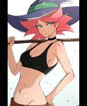  1girl amanda_o&#039;neill black_choker breasts broom choker cleavage green_eyes hat highres little_witch_academia looking_at_viewer midriff multicolored_hair navel omiza_somi orange_hair short_hair simple_background solo sports_bra witch_hat 