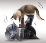  1boy animal armor arms_up boots brown_cat cat chibi chosen_undead dark_souls gloves helmet holding holding_animal holding_cat legs_up lying male_focus motion_lines nukotama on_back pouch shadow shoulder_armor simple_background souls_(from_software) strap sweet_shalquoir tunic visor_(armor) white_background 