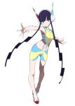  1girl absurdres bangs bare_shoulders black_hair blue_eyes blue_footwear blue_shorts breasts full_body gym_leader headphones highres jikatarou kamitsure_(pokemon) legs looking_at_viewer midriff mismatched_footwear open_arms open_mouth outstretched_arm pokemon pokemon_(game) pokemon_bw2 red_footwear short_hair_with_long_locks shorts simple_background solo two-tone_shorts white_background yellow_shorts 
