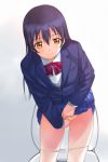  1girl a1 bangs bathroom between_legs blazer blue_hair bow bowtie commentary cowboy_shot eyebrows_visible_through_hair hair_between_eyes hand_between_legs jacket lifted_by_self long_hair long_sleeves love_live! love_live!_school_idol_project otonokizaka_school_uniform panties panty_pull pleated_skirt red_neckwear school_uniform skirt skirt_lift solo sonoda_umi standing striped striped_neckwear toilet underwear white_panties wiping yellow_eyes 