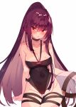  1girl blush breasts cleavage fate/grand_order fate_(series) highres large_breasts long_hair looking_at_viewer open_mouth ponytail purple_hair red_eyes scathach_(fate)_(all) scathach_(fate/grand_order) simple_background sitting solo soukou_makura white_background 