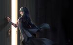  1girl back blue_eyes blue_hair book byleth_(fire_emblem) byleth_(fire_emblem)_(female) cloak dated day door fire_emblem fire_emblem:_three_houses from_behind indoors langlang looking_at_viewer looking_back medium_hair opening_door signature solo vambraces 