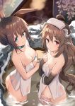  2girls ahoge amiya_(arknights) animal_ears arknights ass bare_shoulders blue_eyes blurry breasts brown_hair bunny_ears choker cleavage collarbone depth_of_field eyjafjalla_(arknights) flower highres horns jewelry long_hair looking_at_viewer medium_breasts multiple_girls multiple_rings naked_towel navel onsen pink_eyes ring sheep_ears sheep_horns togo_(korlsj1235) towel towel_on_head very_long_hair water wisteria 