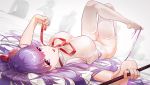  1girl bangs bare_shoulders bb_(fate)_(all) bb_(swimsuit_mooncancer)_(fate) blush breasts fate/grand_order fate_(series) large_breasts legs legs_up leotard long_hair looking_at_viewer luomo lying neck_ribbon on_back open_mouth purple_eyes purple_hair red_ribbon ribbon solo thighhighs thighs very_long_hair white_legwear white_leotard 
