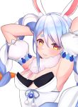 1girl animal_ear_fluff animal_ears armpits arms_behind_head bangs blue_hair blush braid breasts bunny_ears cleavage commentary_request detached_sleeves grin highres hololive looking_at_viewer medium_breasts mugichapossible multicolored_hair orange_eyes pom_pom_(clothes) smile solo streaked_hair swept_bangs symbol-shaped_pupils thick_eyebrows twintails upper_body usada_pekora virtual_youtuber white_hair 