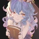  1girl animal_ears bangs betabeet blue_hair blush book brooch brown_eyes bunny_ears closed_mouth commentary english_commentary erune eyebrows_visible_through_hair ferry_(granblue_fantasy) granblue_fantasy hair_between_eyes holding holding_book jewelry lips long_hair looking_at_viewer shirt single_earring sleeveless sleeveless_shirt solo translation_request upper_body wavy_hair 