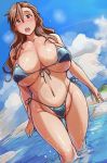  1girl areola_slip areolae beach bikini blue_sky blush breasts brown_eyes brown_hair cleavage cloud collarbone day front-tie_bikini front-tie_top highres interlude large_breasts long_hair looking_at_viewer marufuji_izumi micro_bikini navel open_mouth side-tie_bikini sky solo swimsuit tsuda_nanafushi wading water wavy_hair wet 