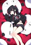  1girl absurdres barefoot black_hair black_hoodie black_shorts bob_cut drawstring groin highres hood hood_down huge_filesize ichiki_1 long_sleeves looking_at_viewer lying navel on_back original red_eyes short_hair short_shorts shorts solo stuffed_toy thighs 