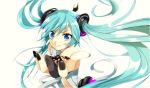  1girl aqua_hair bangs blue_eyes bridal_gauntlets center_opening elbow_gloves gloves hatsune_miku hatsune_miku_(append) highres long_hair marirero_a necktie outstretched_arm smile solo twintails upper_body very_long_hair vocaloid vocaloid_append 