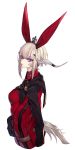  1girl animal_ears au_ra black_gloves bunny_ears closed_mouth earrings eyebrows_visible_through_hair fake_animal_ears final_fantasy final_fantasy_xiv gloves hachizowo highres horns jewelry looking_back purple_eyes simple_background single_earring solo tail upper_body 