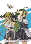  2girls absurdres apron arknights artist_request asymmetrical_sleeves bird brown_eyes crocodile_tail detached_sleeves estelle_(arknights) gavial_(arknights) green_hair highres horns maid maid_apron multiple_girls the_elder_scrolls tray tying_hair yellow_eyes 