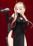  1girl :d bare_shoulders black_gloves blonde_hair breasts chinese_clothes cleavage cup elbow_gloves girls_frontline gloves hair_between_eyes hand_on_hip hayabusa headgear highres long_hair looking_at_viewer m4_sopmod_ii m4_sopmod_ii_(girls_frontline) open_mouth red_background red_eyes simple_background slit_pupils smile solo teapot 