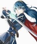  1girl absurdres belt blue_cape blue_eyes blue_gloves blue_hair blue_tunic blurry bodysuit_under_clothes breasts cape cowboy_shot depth_of_field eyelashes falchion_(fire_emblem) fingerless_gloves fire_emblem fire_emblem_awakening gloves glowing glowing_sword glowing_weapon hairband highres lips long_hair looking_at_viewer lucina_(fire_emblem) simple_background small_breasts solo straight_hair sword symbol-shaped_pupils tpicm tunic weapon white_background wind 