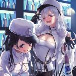  1girl 2girls absurdres alcohol azur_lane black_gloves black_hair blush bottle breasts cleavage eyebrows_visible_through_hair fur_trim gangut_(azur_lane) gloves hair_between_eyes hat highres jacket large_breasts long_hair long_sleeves looking_at_viewer military_hat multiple_girls one_eye_closed open_mouth pamiat_merkuria_(azur_lane) purple_eyes red_eyes russian_clothes shun&#039;ya_(daisharin36) silver_hair smile solo thighhighs very_long_hair vodka white_headwear 