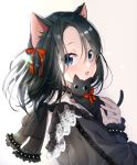  1girl :3 :d animal animal_ear_fluff animal_ears bangs black_cat black_dress black_eyes black_hair blue_eyes cat cat_ears cat_girl commentary_request dress eyebrows_visible_through_hair fang hair_ribbon holding holding_cat lace lace-trimmed_dress long_hair long_sleeves maronie. open_mouth original red_ribbon ribbon simple_background skin_fang slit_pupils smile solo whiskers white_background 