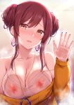  1girl against_glass bangs blush breast_press breasts breasts_on_glass brown_hair cai_geng cleavage covered_nipples double_bun earrings hand_on_glass heavy_breathing idolmaster idolmaster_shiny_colors jewelry large_breasts looking_at_viewer nail_polish necklace nipples oosaki_amana open_mouth short_hair sidelocks solo strap_slip tank_top yellow_eyes 