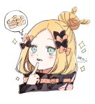  1girl abigail_williams_(fate/grand_order) bangs black_bow black_jacket blonde_hair blue_eyes bow cropped_torso fate/grand_order fate_(series) finger_to_mouth food forehead hair_bow hair_bun hand_up heroic_spirit_traveling_outfit highres index_finger_raised jacket long_hair long_sleeves looking_away orange_bow pancake parted_bangs parted_lips signature simple_background sleeves_past_wrists smile sofra solo sparkle spoken_food thought_bubble upper_teeth white_background 