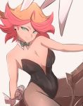  1girl amanda_o&#039;neill animal_ears black_legwear black_leotard bow bowtie breasts bunny_ears bunny_girl bunny_tail bunnysuit cleavage detached_collar fake_animal_ears fake_tail fishnets green_eyes leotard little_witch_academia looking_at_viewer multicolored_hair omiza_somi orange_hair pantyhose simple_background smile solo strapless strapless_leotard tail two-tone_hair wrist_cuffs 