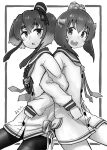  2girls anchor anchor_symbol artist_name back-to-back chain commentary_request dress greyscale headgear highres kantai_collection locked_arms looking_at_viewer ma_rukan monochrome multiple_girls neckerchief open_mouth pantyhose round_teeth sailor_dress shirt short_hair short_hair_with_long_locks sidelocks smile speaking_tube_headset teeth thick_eyebrows tied_shirt tokitsukaze_(kantai_collection) upper_teeth yukikaze_(kantai_collection) 