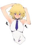  1girl armpits arms_behind_head arms_up bangs bare_shoulders blonde_hair blue_eyes blue_neckwear blush breasts closed_mouth collared_shirt fate/apocrypha fate_(series) hair_between_eyes highres jeanne_d&#039;arc_(fate) jeanne_d&#039;arc_(fate)_(all) jikatarou large_breasts licking_lips looking_at_viewer necktie shirt simple_background sleeveless sleeveless_shirt smile solo tongue tongue_out white_background 