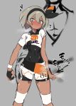  1boy 1girl abs absurdres bangs black_bodysuit black_hairband blush bodysuit bodysuit_under_clothes breasts closed_mouth covered_navel dark_skin gloves grey_eyes grey_hair gym_leader hair_between_eyes hairband hand_on_another&#039;s_hip highres jikatarou knee_pads looking_at_viewer orange_gloves pokemon pokemon_(game) pokemon_swsh print_shorts saitou_(pokemon) shirt short_hair shorts simple_background single_glove thighs tied_shirt two-tone_gloves white_shirt wristband 