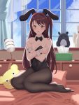  1girl absurdres animal_ears bed bedroom black_legwear black_leotard black_neckwear blue_sky bow bowtie breasts brown_eyes brown_hair bunny_ears bunny_girl bunnysuit cleavage cloud covered_navel curtains dated detached_collar full_body highres idolmaster idolmaster_cinderella_girls indoors lamp leotard medium_breasts one_side_up pantyhose shimamura_uzuki signature sitting sky solo strapless strapless_leotard stuffed_animal stuffed_toy wariza window wook_03 wrist_cuffs 