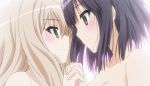  2girls black_hair blonde_hair blush breasts cleavage collarbone couple eye_contact green_eyes happy holding_hands imminent_kiss interlocked_fingers kawamura_reo long_hair looking_at_another multiple_girls neck nude purple_eyes sawaguchi_mai screencap short_hair smile sono_hanabira_ni_kuchizuke_wo yuri 