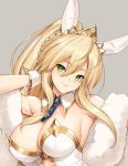  1girl ahoge animal_ears artoria_pendragon_(all) artoria_pendragon_(swimsuit_ruler)_(fate) bangs bare_shoulders blonde_hair blue_neckwear braid breasts bunny_ears bunnysuit cleavage commentary_request detached_collar eyebrows_visible_through_hair fake_animal_ears fate/grand_order fate_(series) french_braid fur_trim green_eyes high_ponytail jewelry large_breasts leotard lips looking_at_viewer mini_necktie ponytail shiny shiny_hair smile tiara tony_guisado white_leotard 