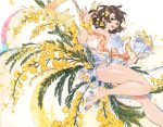 1girl bangs bare_legs bouquet breasts brown_eyes brown_hair flower foot_out_of_frame glass_slipper hand_up highres holding holding_bouquet leg_up legs leotard looking_at_viewer open_mouth original plant small_breasts smile solo thighs transparent_footwear umishima_senbon white_leotard yellow_flower 